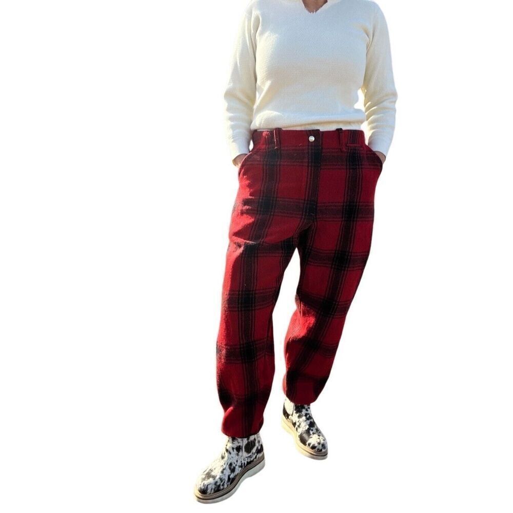 VINTAGE WOOL PANTS Buffalo Plaid Red Black Pockets Jogger Hunt Ski Snow 32x30